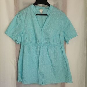 Venezia Blouse Top S 14/16 Eyelet Floral Pattern V Neck Short Sleeve 100% Cotton